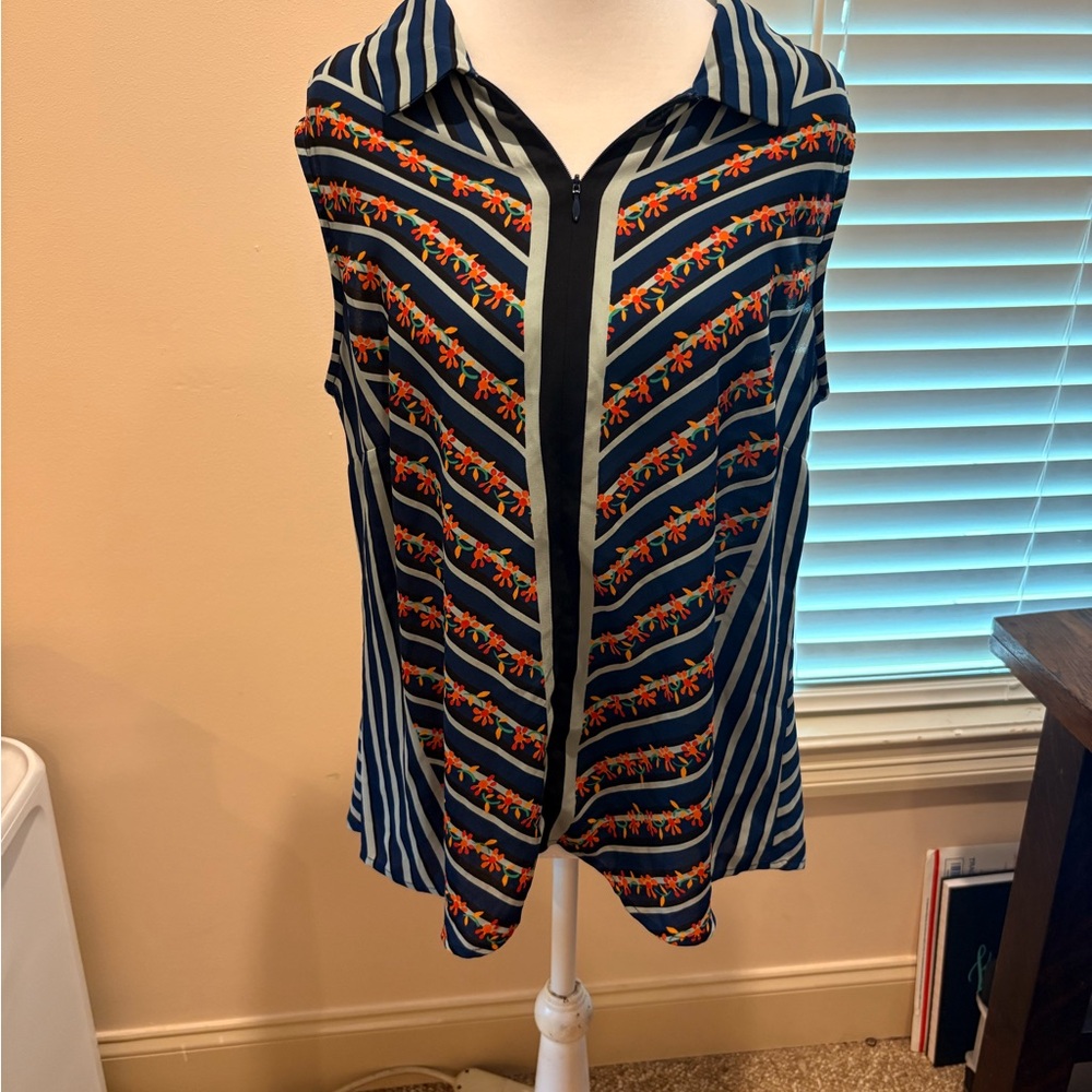 CAbi Black and Orange Sleeveless Graphic Blouse